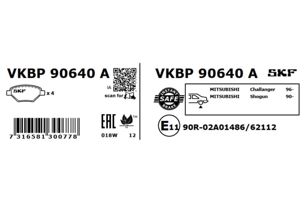 Jogo de 4 pastilhas de travão SKF ref. VKBP 90640 A
